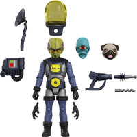 Green alien action figure with interchangeable heads, helmet, ray gun, drill, and electronic accessory