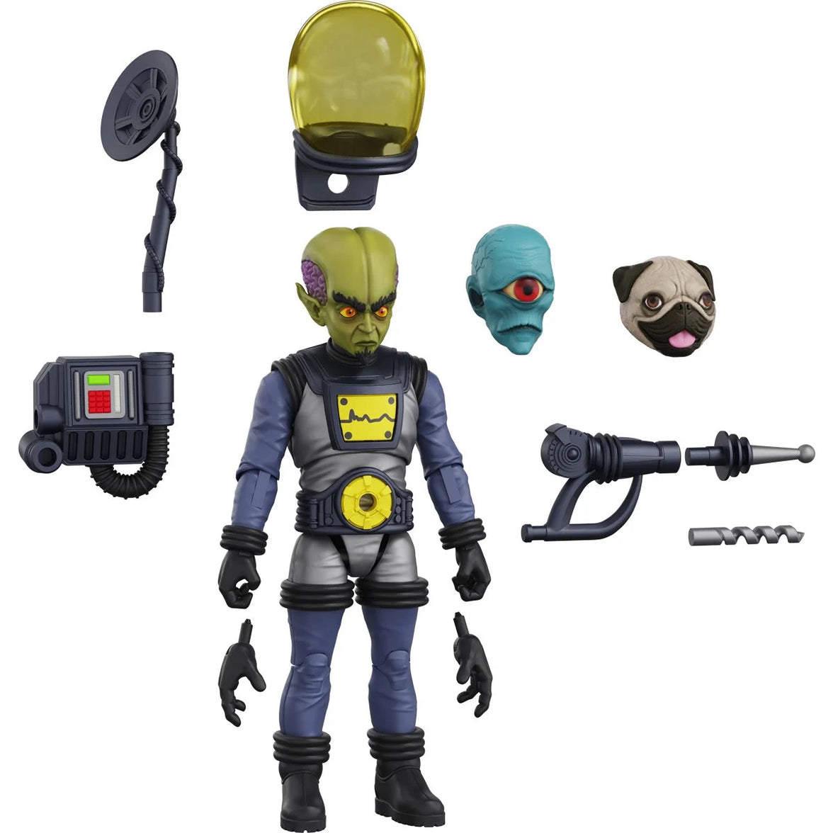 Alien action figure with alternate heads, ray gun, radar dish, backpack device, and interchangeable hands