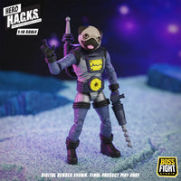 Masked sci fi character in purple armor holding a handheld drill in a colorful rocky setting