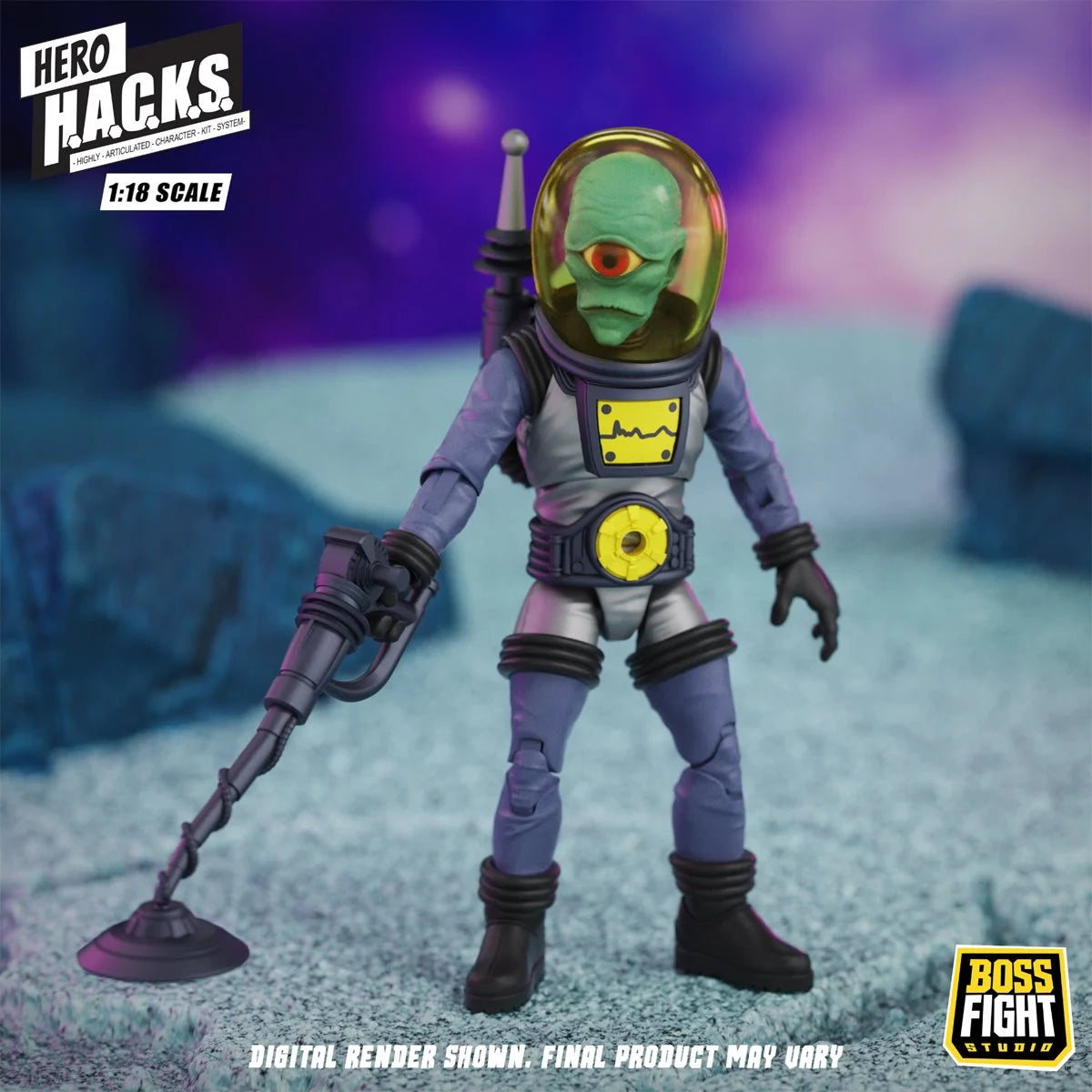 Hero H.A.C.K.S. alien astronaut action figure holding a handheld detector in a purple space suit