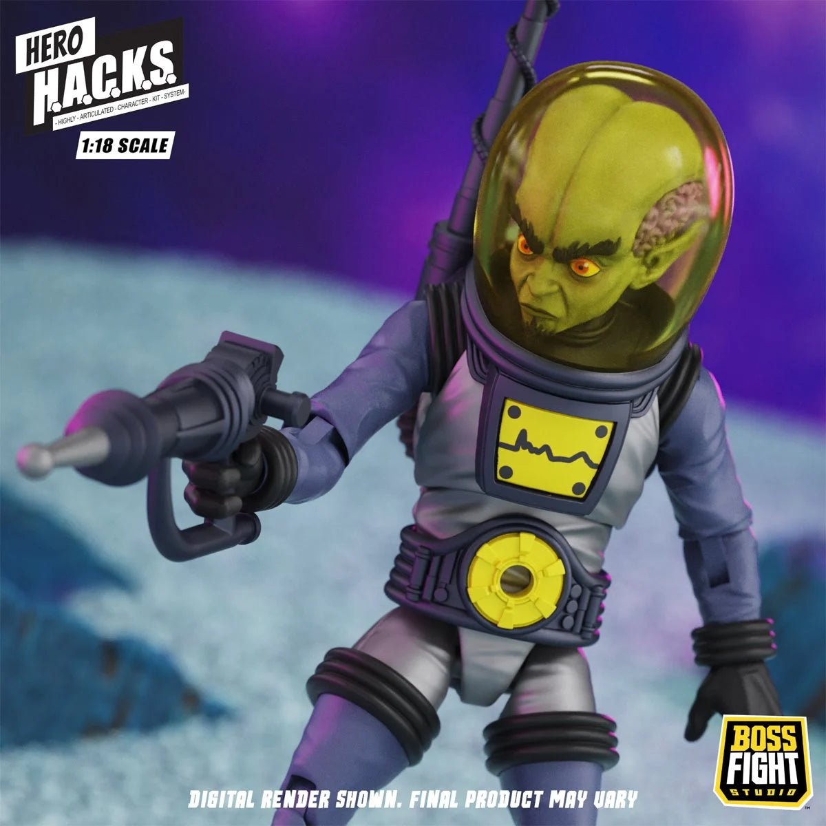 Rendered alien astronaut figure with yellow helmet, ray gun, and Hero H.A.C.K.S. and Boss Fight logos