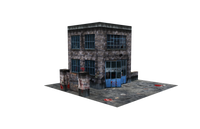 Model of a brick building with glass windows on a white background