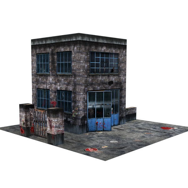 Model of a brick building with glass windows on a white background