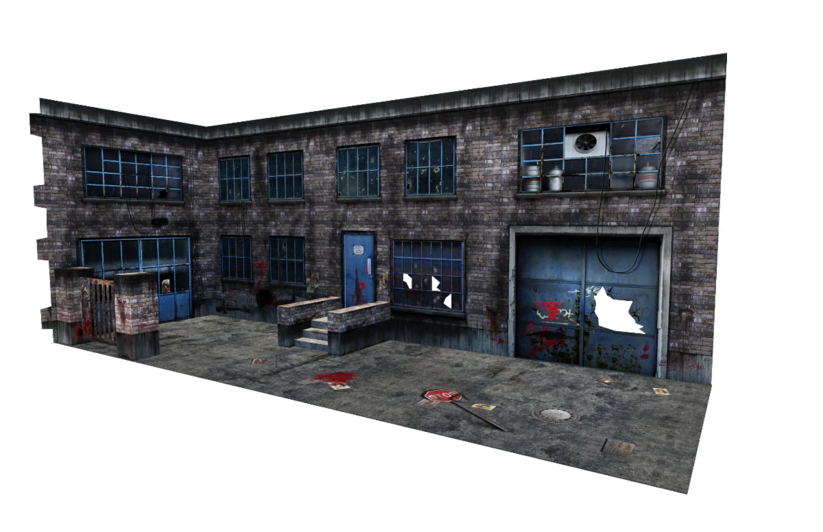 3D model of a dilapidated industrial building with broken windows and scattered debris.