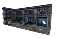 3D model of a dilapidated industrial building with broken windows and scattered debris.