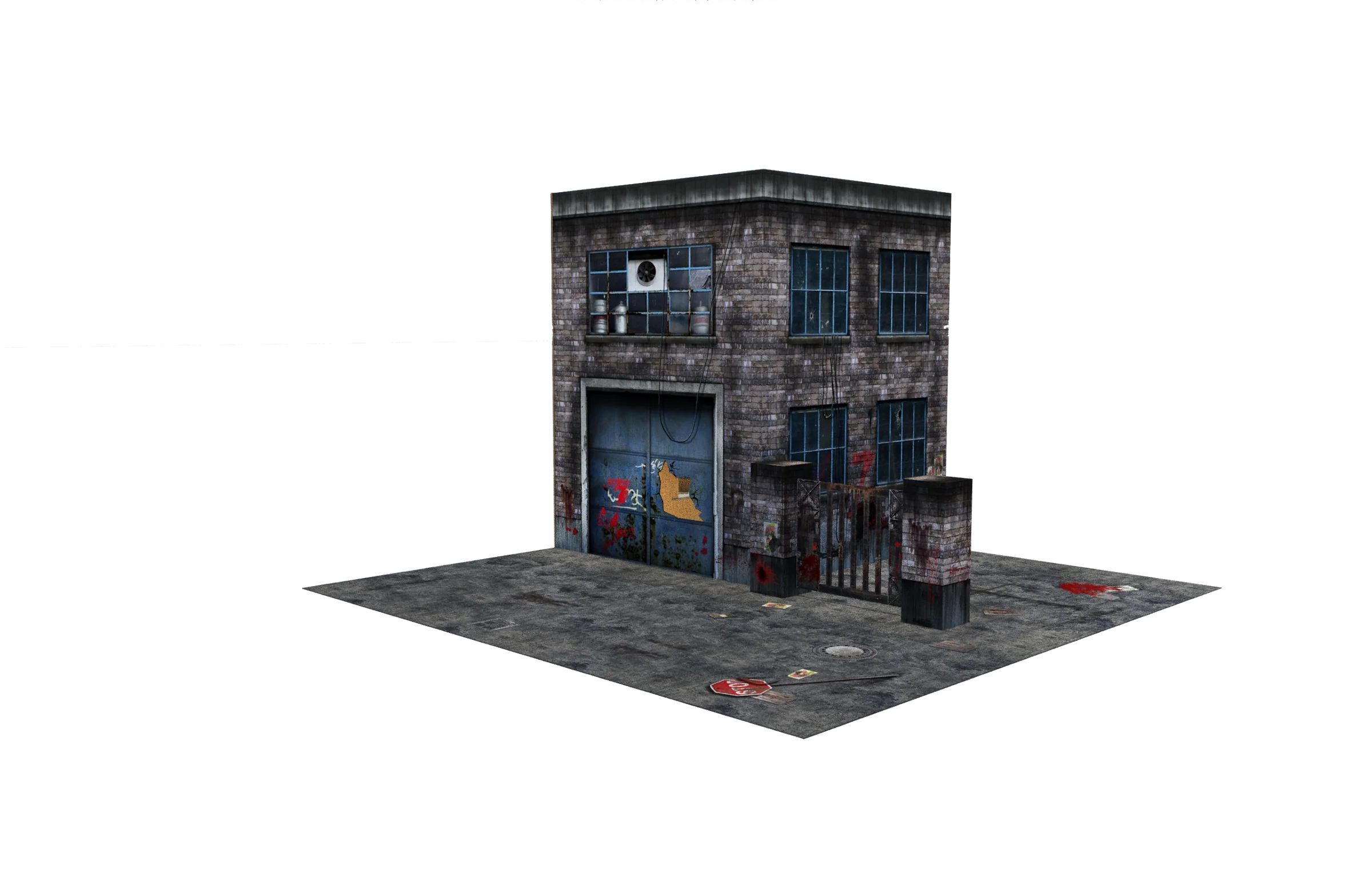 Model of a small building with a garage door on a white background