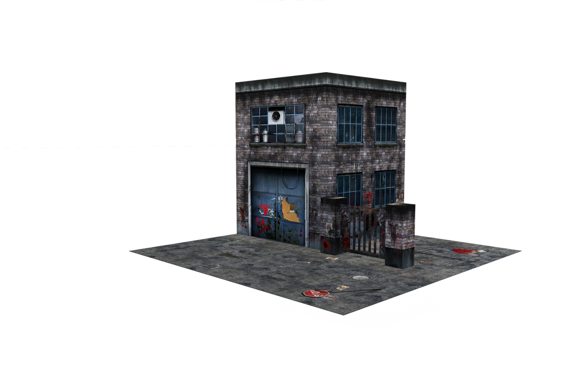 Model of a small building with a garage door on a white background