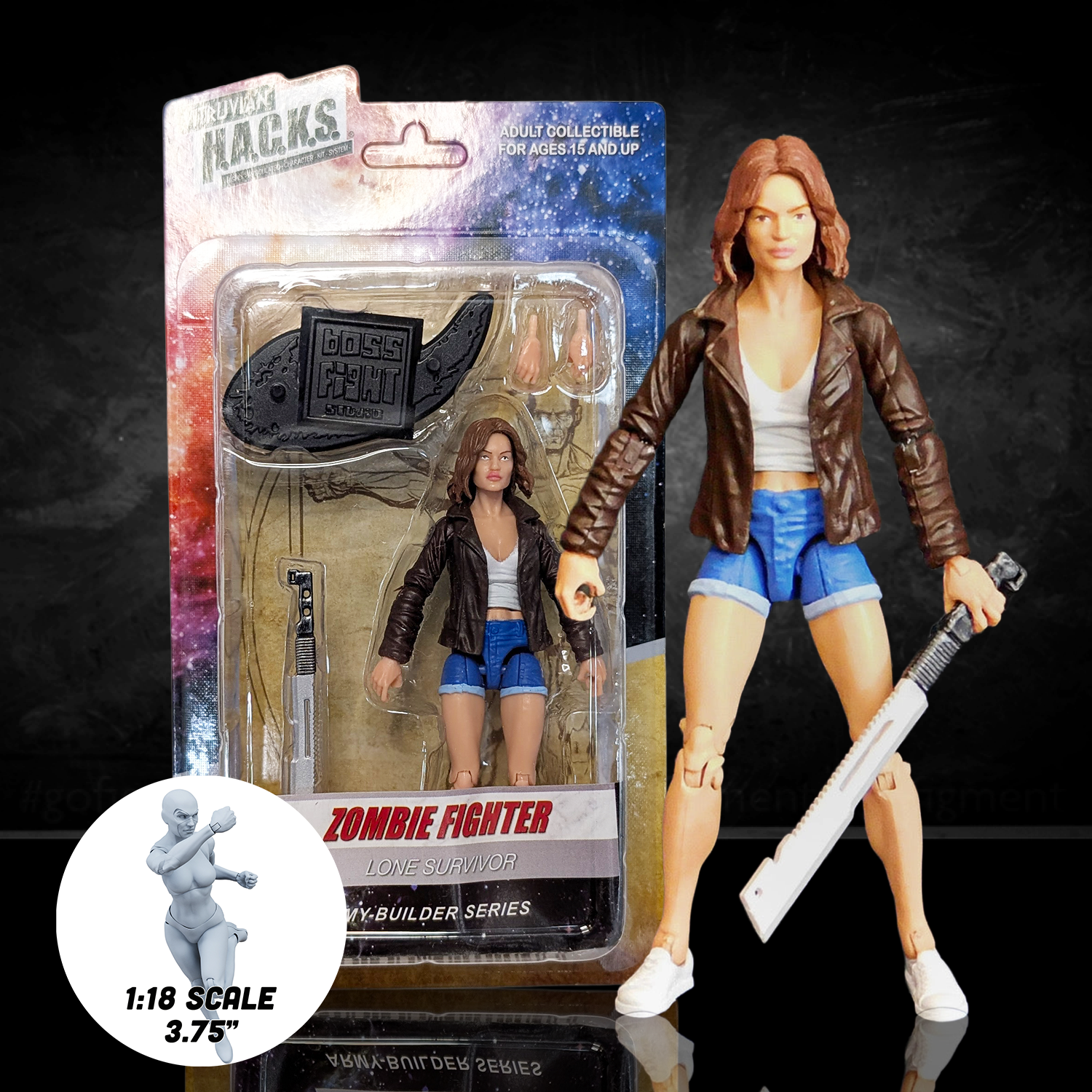 Action figure of a woman in a brown leather jacket and blue shorts with packaging on a dark background