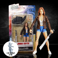 Action figure of a woman in a brown leather jacket and blue shorts with packaging on a dark background
