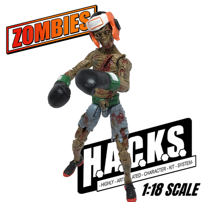 Zombie boxer wearing orange headgear and black gloves beside ZOMBIES and HACKS lettering