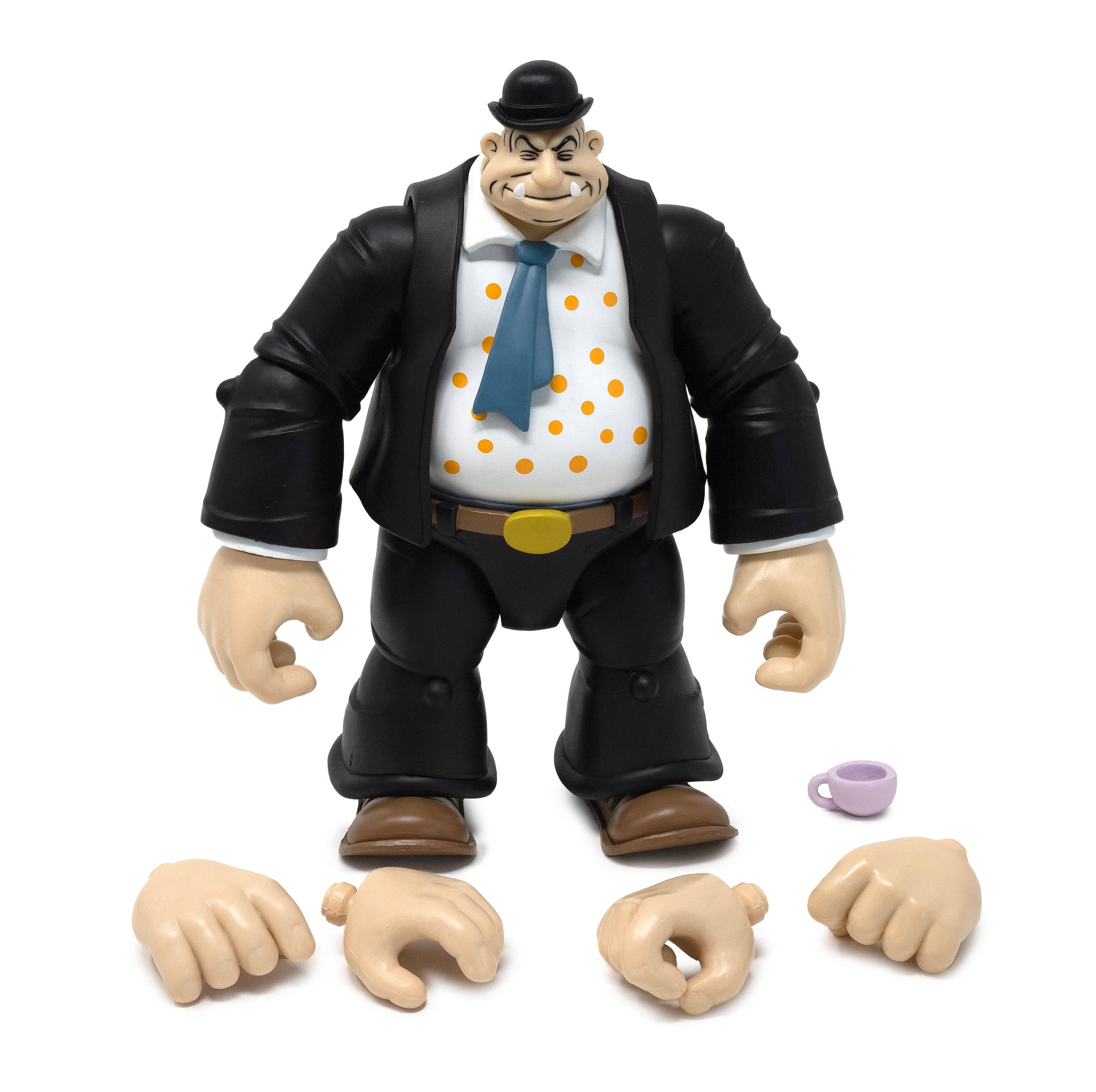 Boss Fight Studio Llc Toar Popeye Classics figure in black suit with blue tie and bowler hat with extra hands and pink teacup accessory