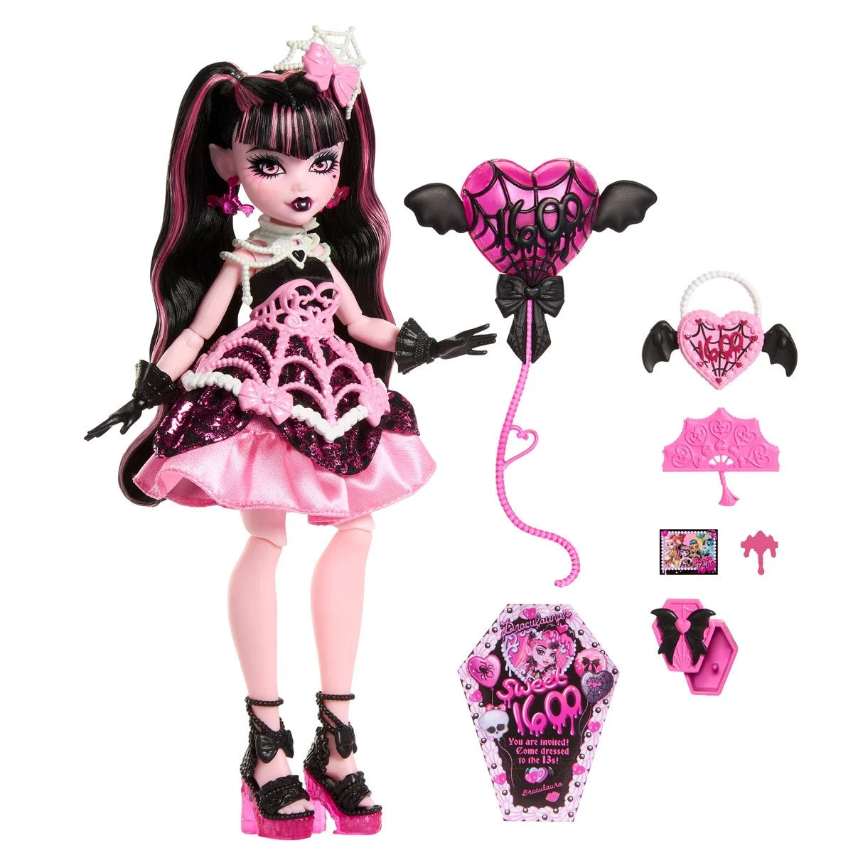 Monster High Draculaura birthday doll in pink and black outfit with party accessories by Mattel