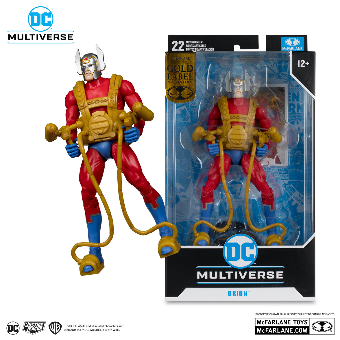 DC Multiverse Orion 7-inch action figure in red and blue suit with golden gear by McFarlane Toys in branded packaging