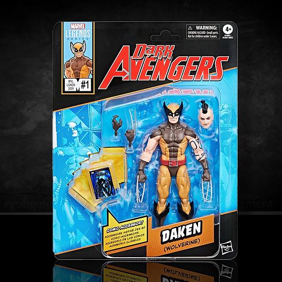Marvel Legends Hasbro Daken action figure in Dark Avengers costume with interchangeable hands and head in comic-style packaging