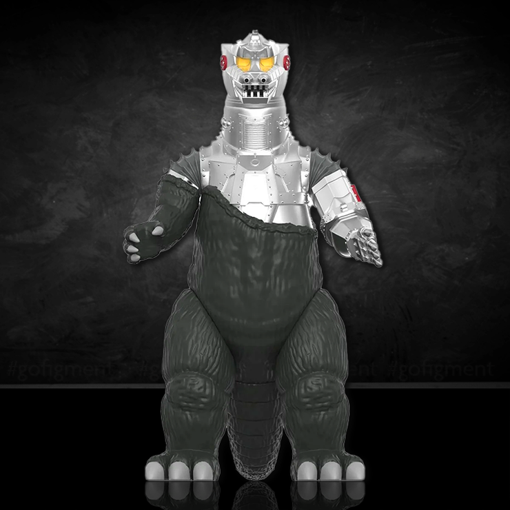 Half Transformed Mechagodzilla figure from 1974 with exposed mechanical parts standing on a black background