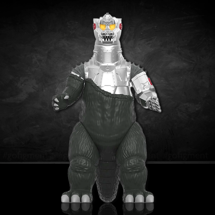 Half Transformed Mechagodzilla figure from 1974 with exposed mechanical parts standing on a black background