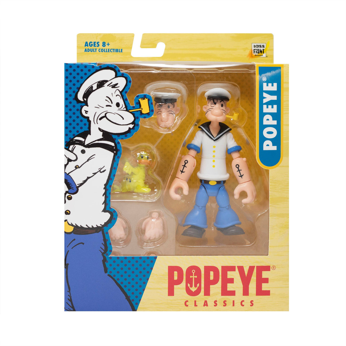Boss Fight Studio Llc Popeye Classics action figure in white shirt blue pants with sailor hat extra hands and yellow bird accessory in packaging