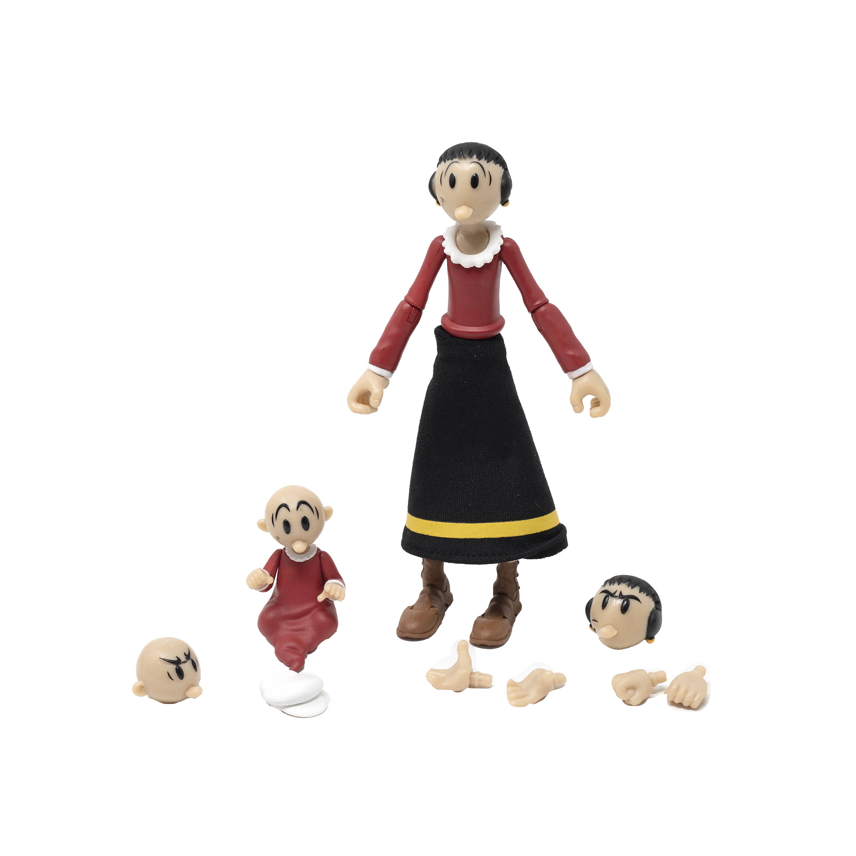 Boss Fight Studio Llc Olive Oyl figure in red shirt and black skirt with yellow stripe with Sweat Pea and extra hands and heads