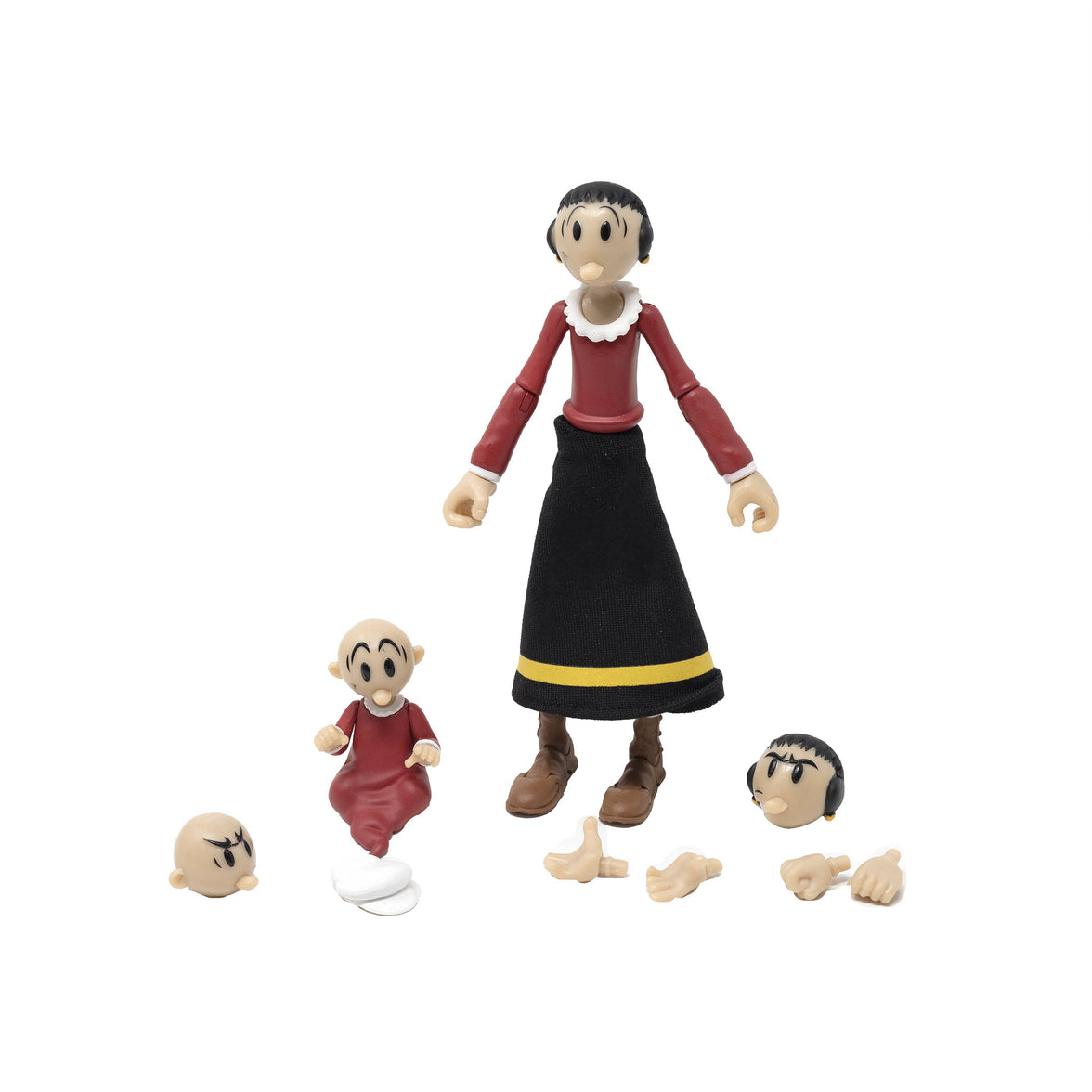 Boss Fight Studio Llc Olive Oyl figure in red shirt and black skirt with yellow stripe with Sweat Pea and extra hands and heads