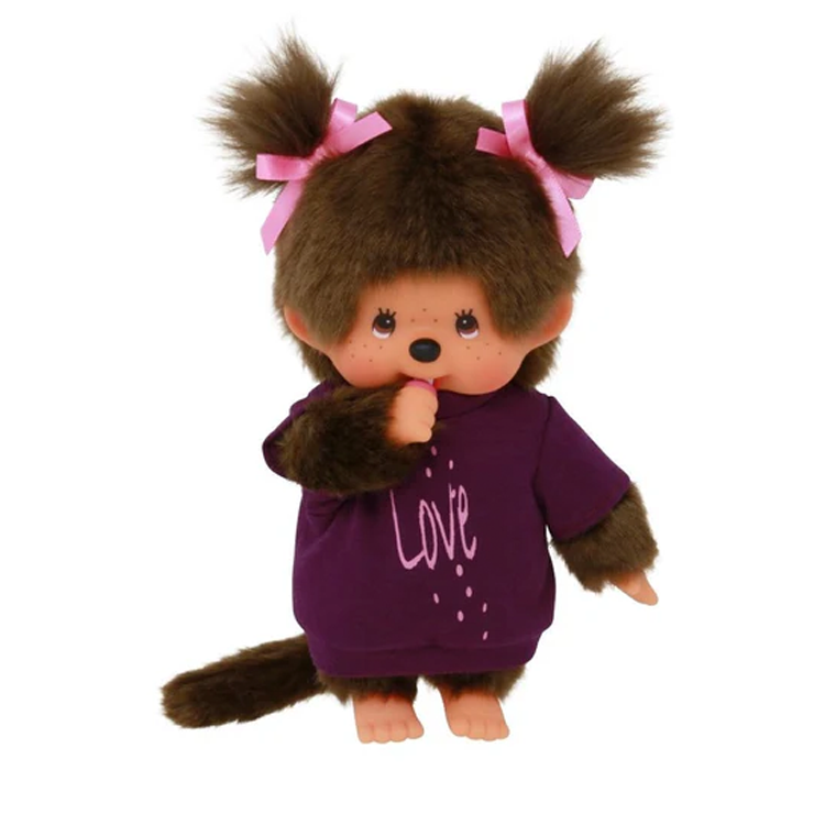 Official Sekiguchi 8-inch Monchhichi Girl doll wearing a red knit LOVE sweater, often searched as a Monchichi valentine plush.