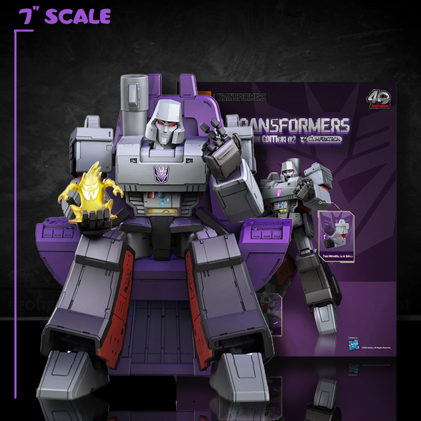 Blokees Transformers Action Edition G1 Megatron model kit in gray and purple with flame effect accessory and packaging background