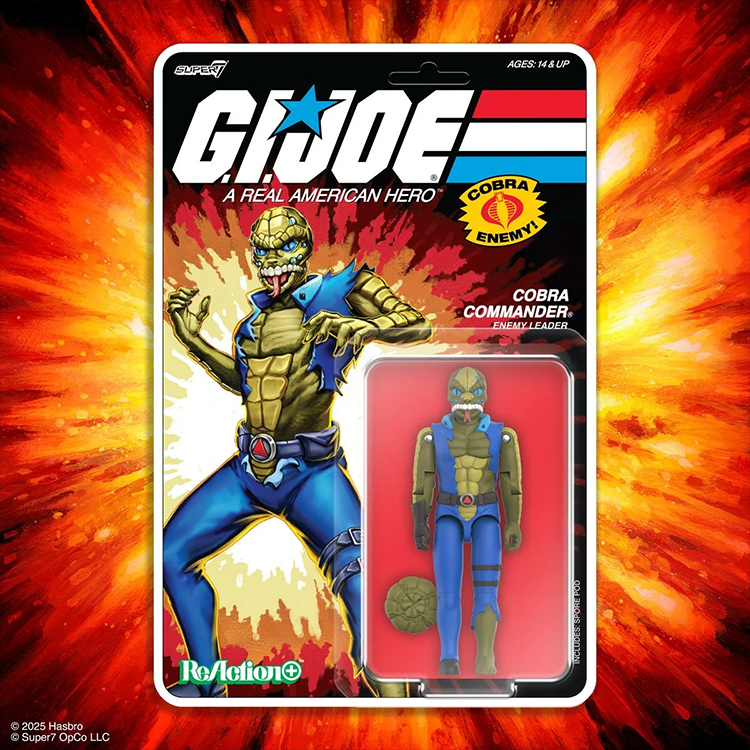G.I. Joe Cobra Commander ReAction figure in blue and gold with a toxic face on Hasbro packaging against fiery background