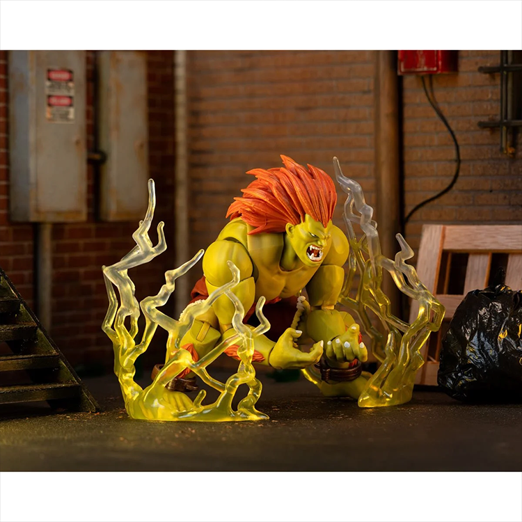 Jada Toys Ultra Street Fighter II Blanka 6-inch deluxe action figure with translucent electric effects in urban backdrop