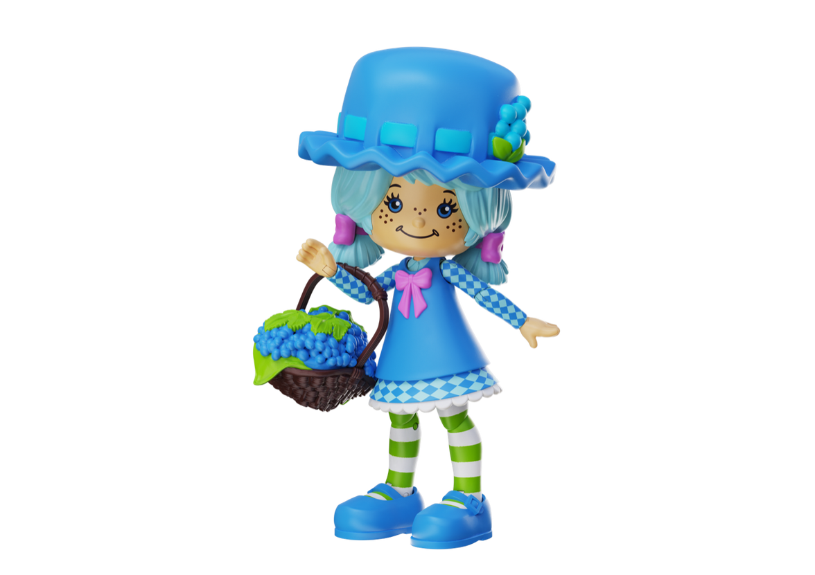 Boss Fight Studio Llc Blueberry Muffin figure in blue dress and hat holding blueberry basket with green striped leggings