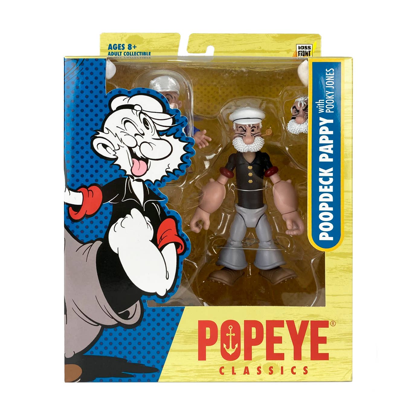 Boss Fight Studio Llc Poopdeck Pappy Popeye Classics figure in packaging with white sailor hat and black shirt details