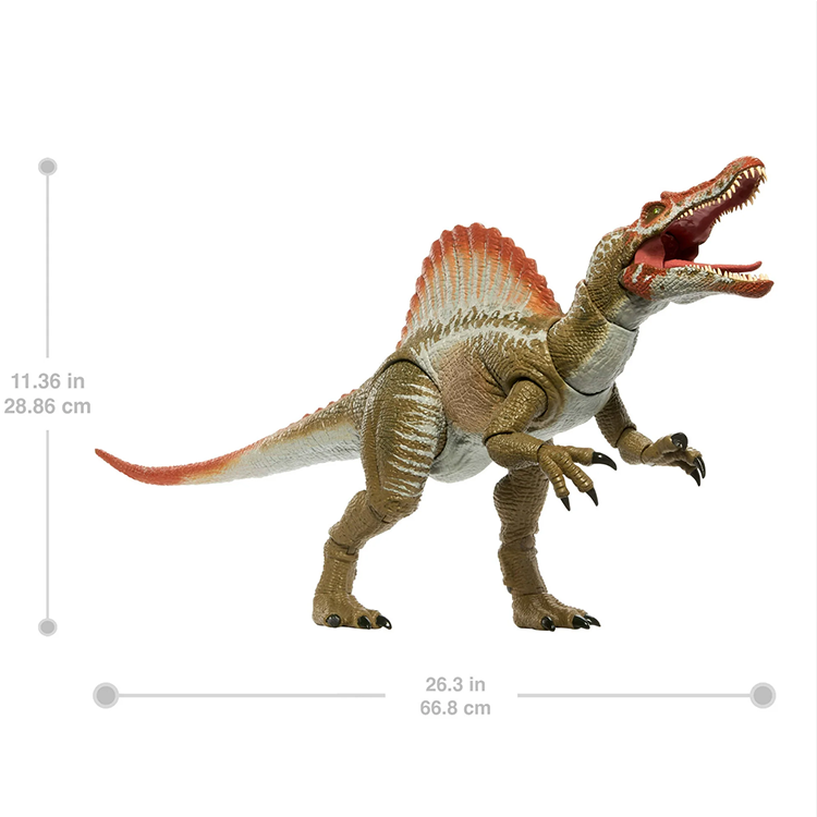Mattel Jurassic World Spinosaurus figure with detailed textures and open mouth pose on white background
