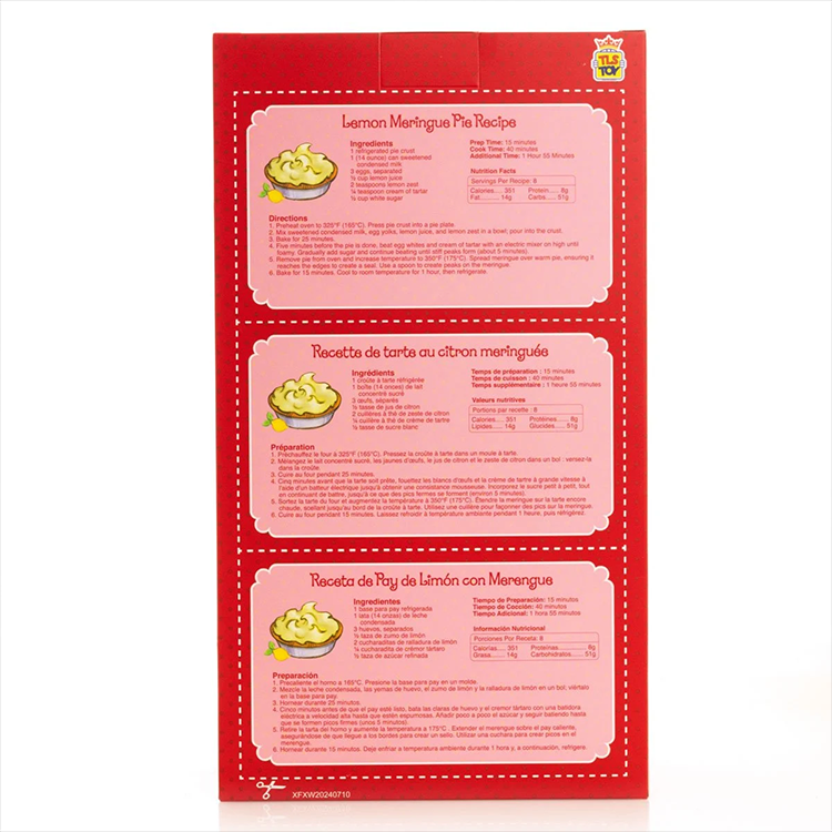 Back of retro-style TLS Toy box featuring lemon meringue pie recipe in English, French, and Spanish by Loyal Subjects