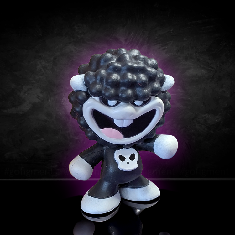 Go Figment Nightmare Critters Series 4 black and white mini figure with skull emblem and playful grin on dark background
