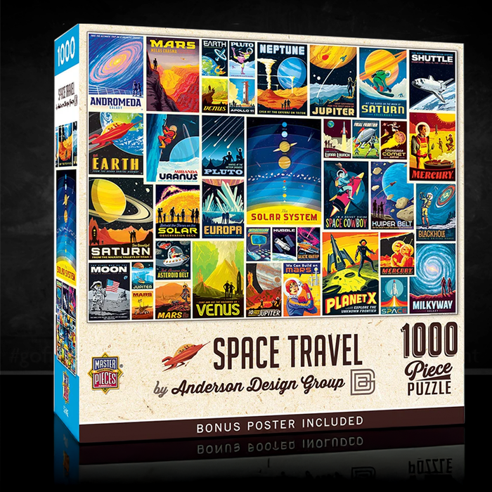 Master Pieces Space Travel poster puzzle box featuring vintage space exploration art with 1000 pieces and bonus poster