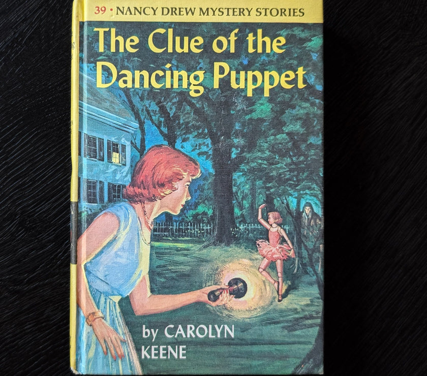 39 The Clue of the Dancing Puppet Yellow Bar Nancy Drew Mystery Books -1962-YB image 0