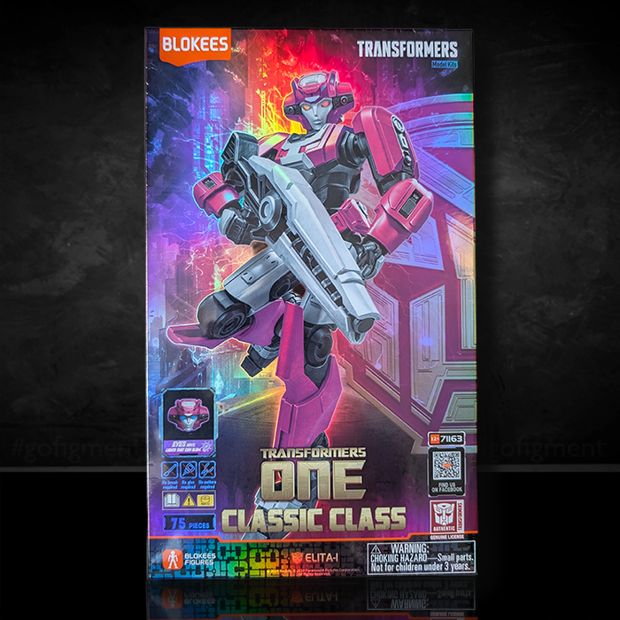 Blokees Transformers Classic Class Elita-1 model kit box art with Hasbro branding and colorful robot illustration