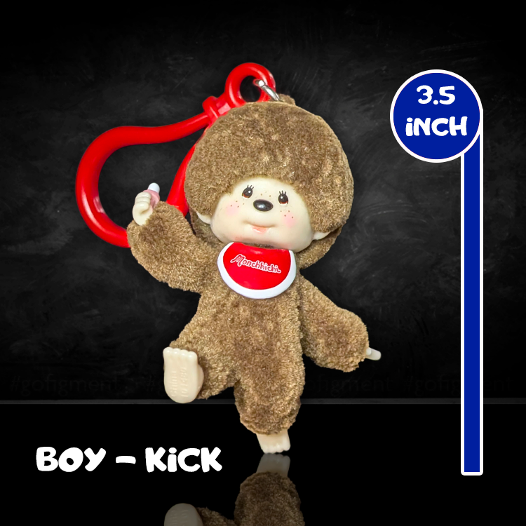Sekiguchi Monchhichi 3.5-inch boy figure with soft flocked texture in kicking pose and red carabiner bag clip