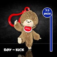 Sekiguchi Monchhichi 3.5-inch boy figure with soft flocked texture in kicking pose and red carabiner bag clip