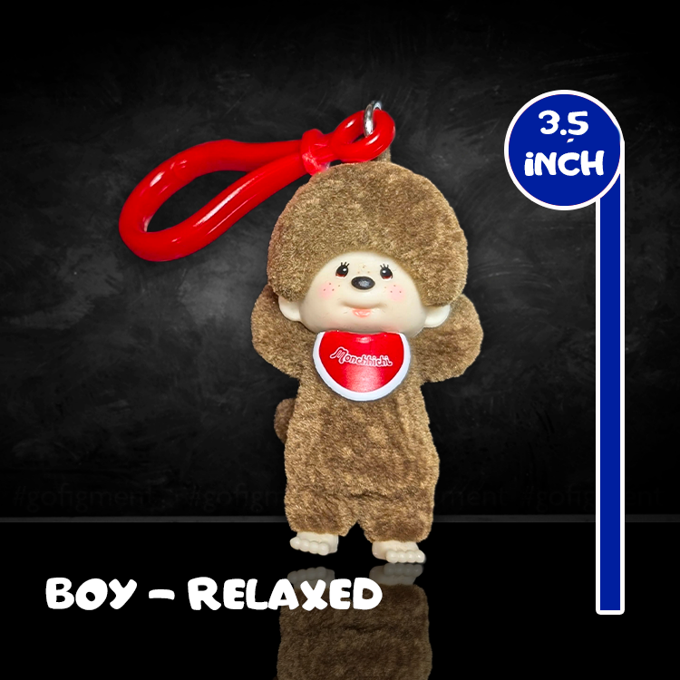 Sekiguchi Monchhichi 3.5-inch relaxed boy figure with soft flocked vinyl and red clip bag keychain accessory