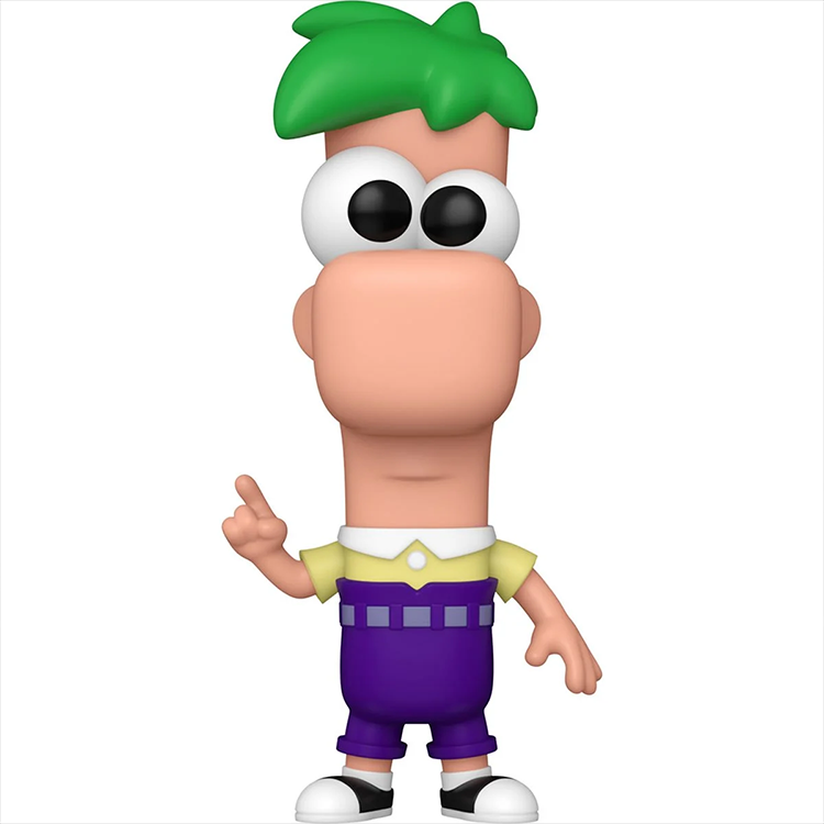 Phineas and Ferb Ferb FUNKO Pop! vinyl figure with green hair and purple overalls standing with raised finger