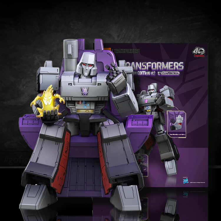 Blokees Transformers Action Edition G1 Megatron model kit posed sitting on throne with fire effect and packaging background