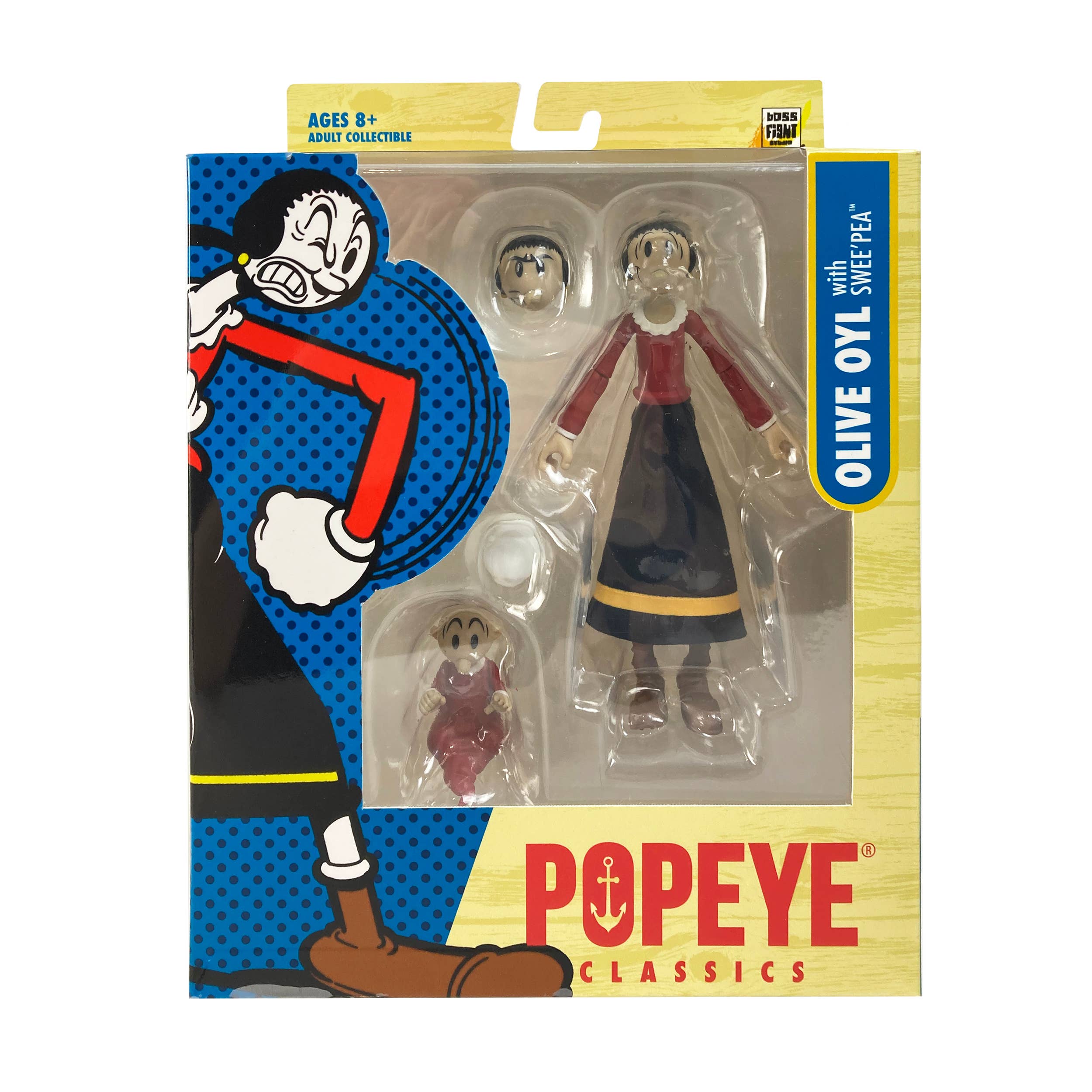 Boss Fight Studio Llc Popeye Classics Olive Oyl and Sweat Pea figures in packaging with extra face accessories