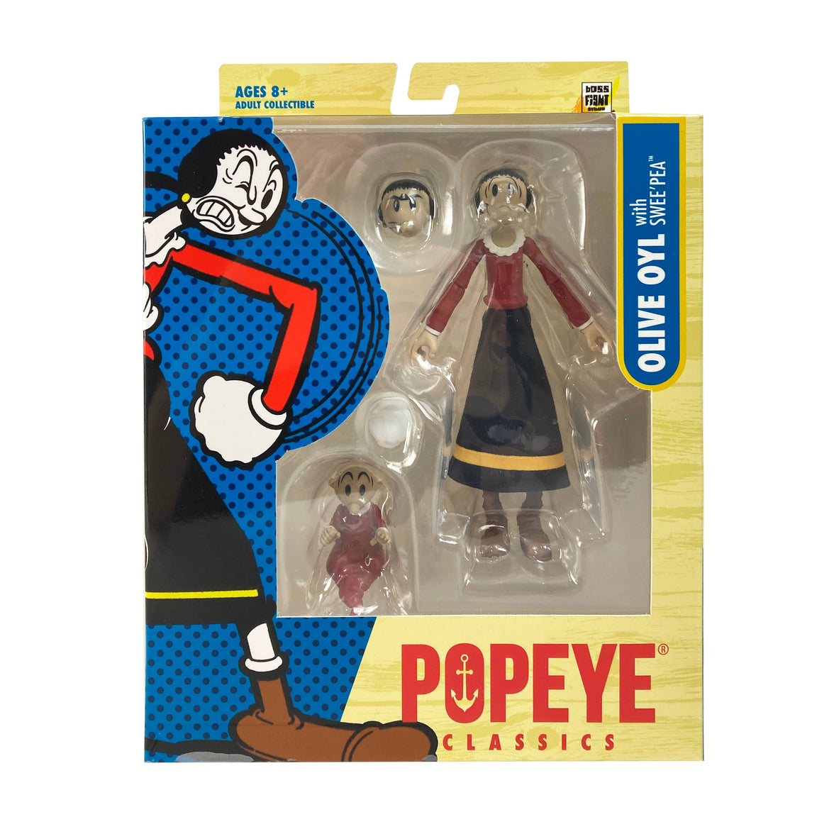 Boss Fight Studio Llc Popeye Classics Olive Oyl and Sweat Pea figures in packaging with extra face accessories