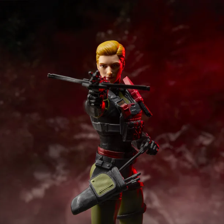 Hasbro GI Joe Classified Series Falcon figure in tactical gear aiming crossbow with quiver on back against smoky background