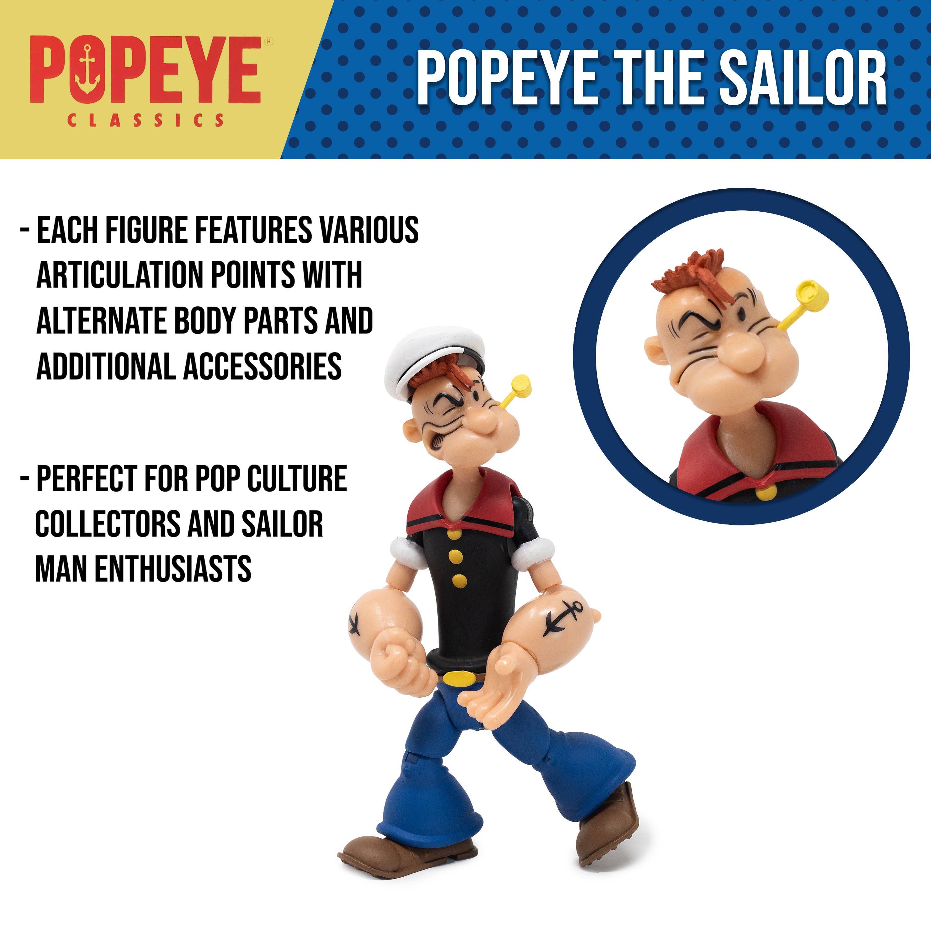 Boss Fight Studio Llc Popeye the Sailor action figure with articulation, alternate parts, and classic pipe accessory in dynamic pose