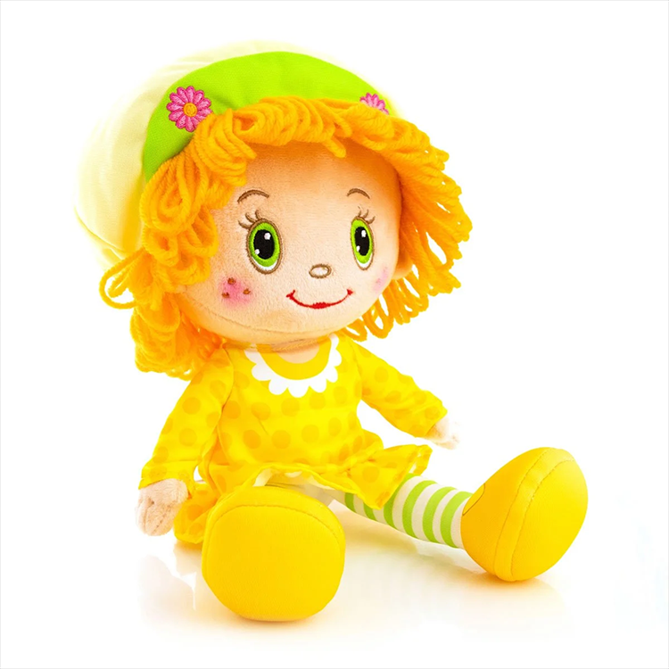 Strawberry Shortcake Lemon Meringue 14-inch rag doll with bright orange hair and yellow outfit by Loyal Subjects
