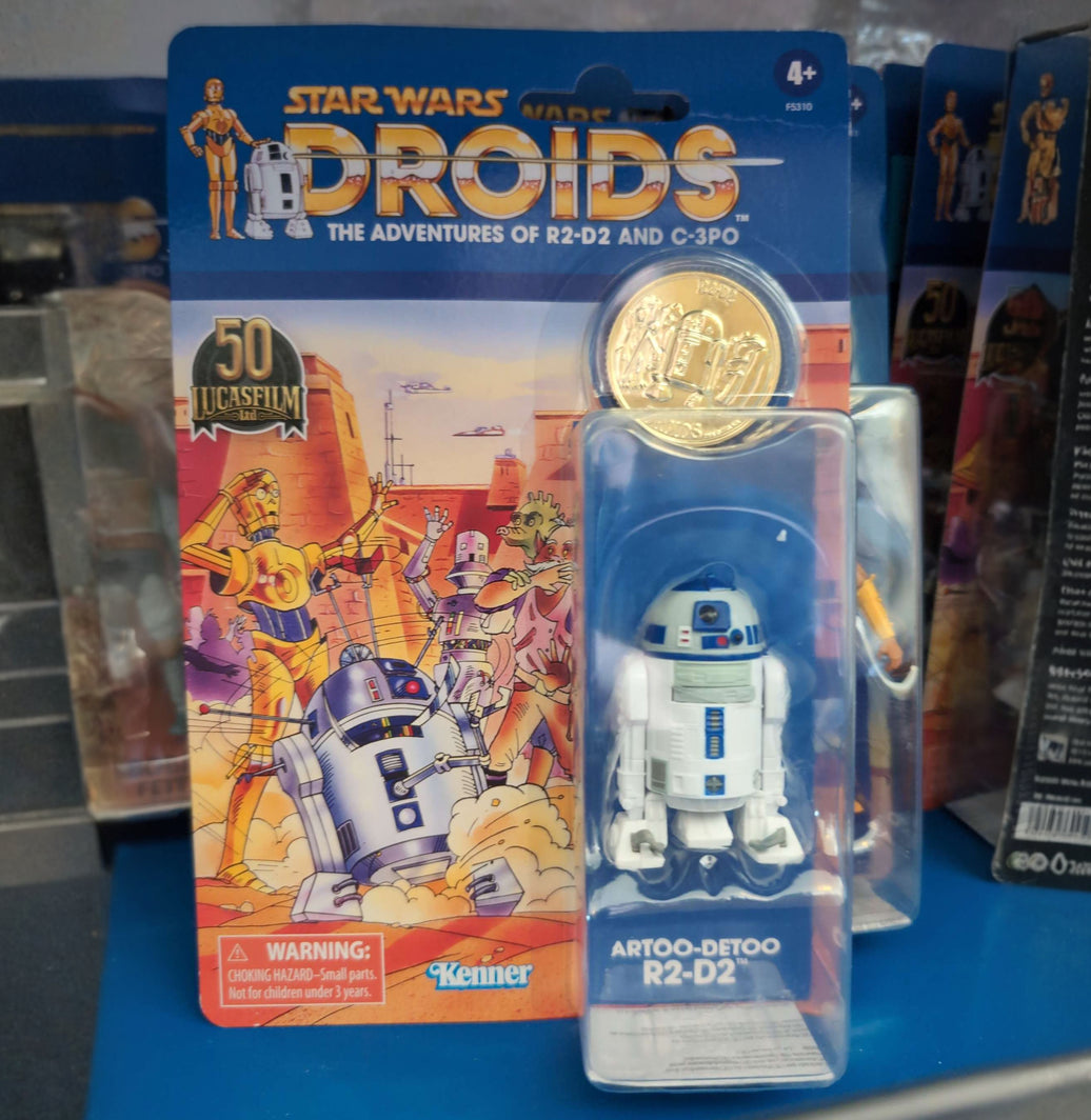 Artoo-Detoo R2-D2 Droids Action Figure in vintage blister card packaging with coin collectible Hasbro