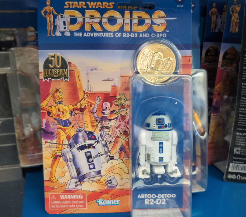 Artoo-Detoo R2-D2 Droids Action Figure with coin in vintage packaging, collectible Star Wars toy by Hasbro.