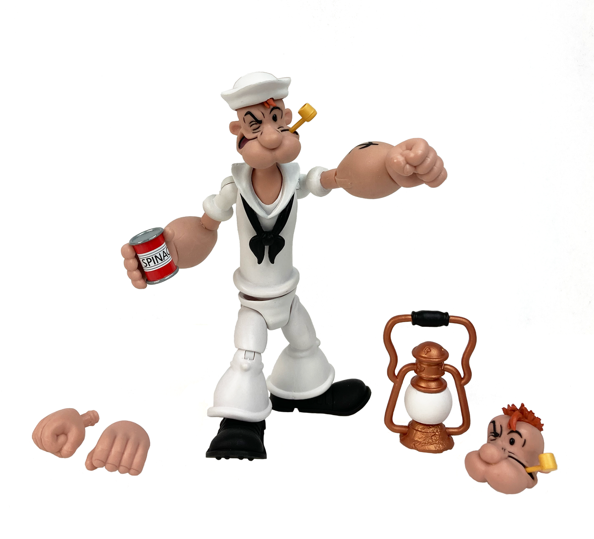 Boss Fight Studio Llc Popeye figure in white sailor suit holding spinach can with lantern and alternate hands and head accessories