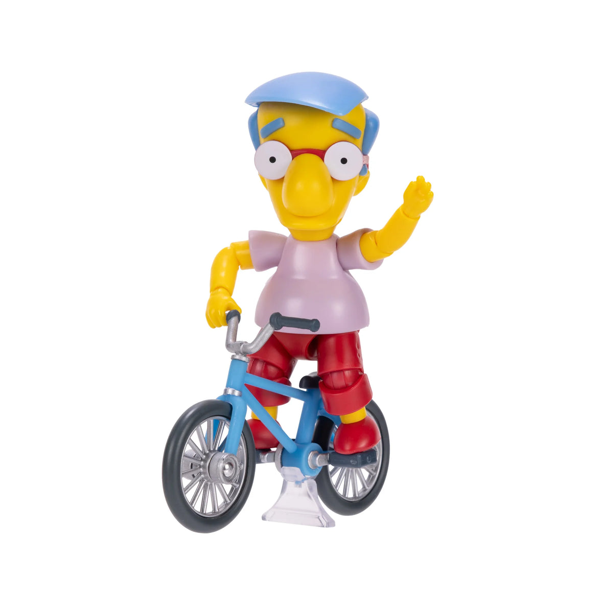 Jakks Pacific Millhouse action figure riding blue bicycle with raised arm pose from The Simpsons Wave 3 collection