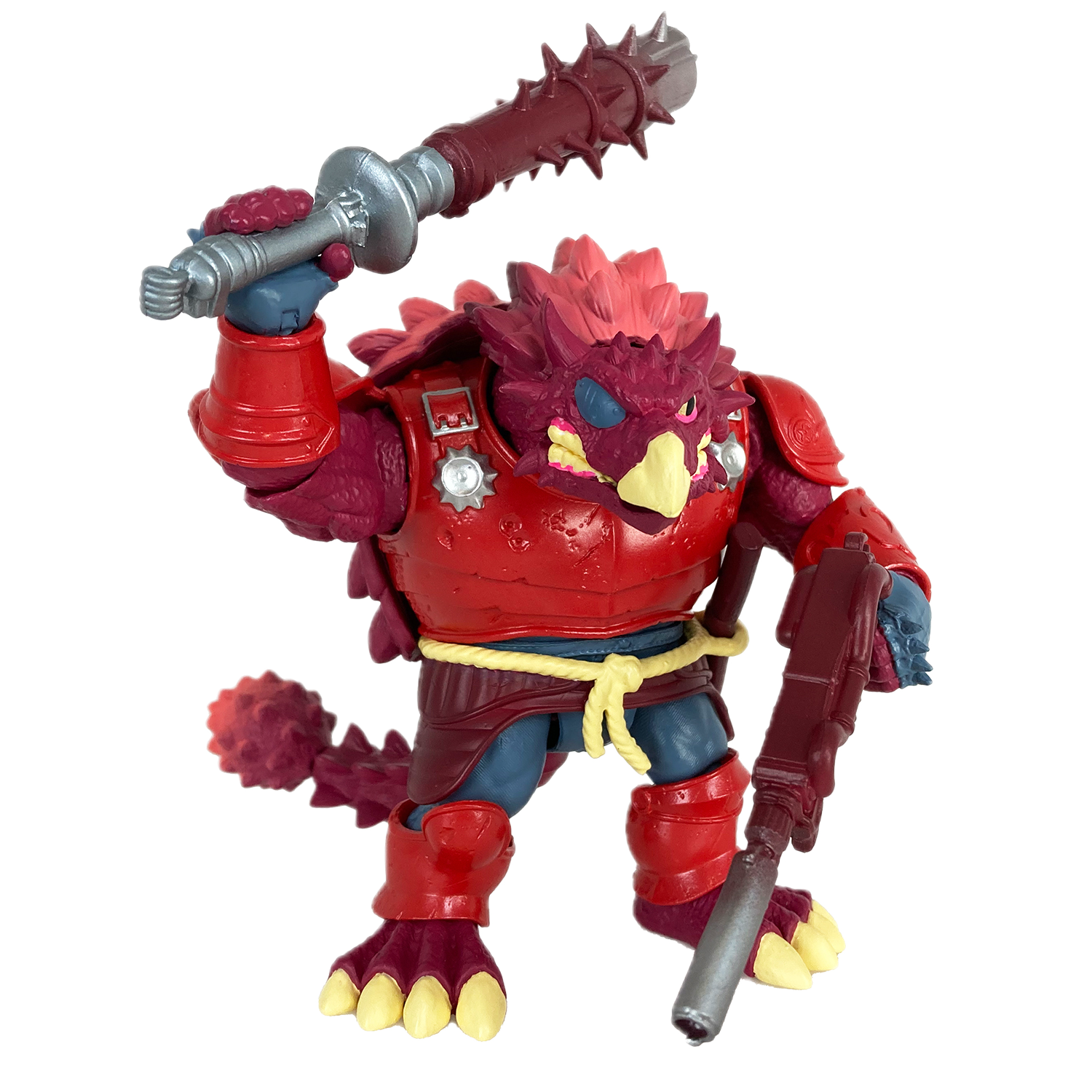 Staze Akiden Saurozoic Warriors action figure, a 1/12 scale Samurai Ankylosaur. The maroon-armored dinosaur warrior is shown in a Ronin-inspired outfit holding a large spiked club. 6-inch scale collectible by Boss Fight Studio.